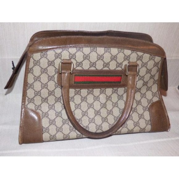 Gucci Large Logo Print Satchel Shades Of Brown With Red And Green Stripes - Picture 5 of 6